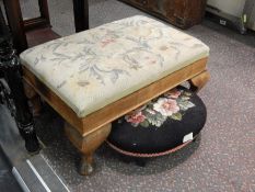 Oak framed footstool with needlework cushion, on cabriole feet,