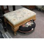 Oak framed footstool with needlework cushion, on cabriole feet,