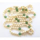 Freshwater pearl and green hardstone bead necklace (possibly jade),