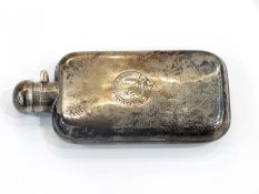 Spirit flask, rectangular, plain and engraved with crest and motto "Jamais Arriere",