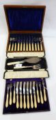 Pair ivory handled silver plated dessert knives and forks, cased, pair fish servers,