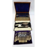 Pair ivory handled silver plated dessert knives and forks, cased, pair fish servers,