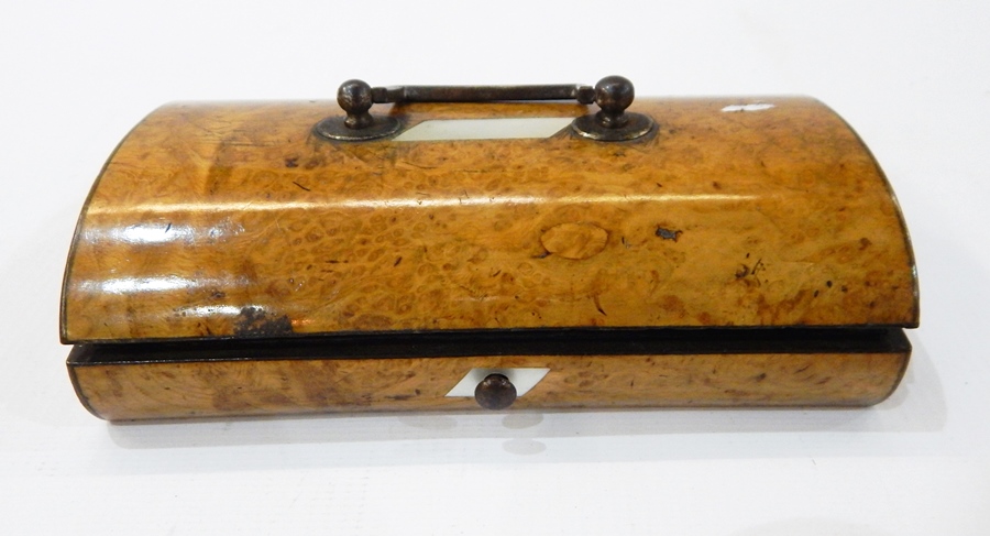 19th century bird's eye maple sewing casket with domed hinged lid having angular metal carrying - Image 2 of 2