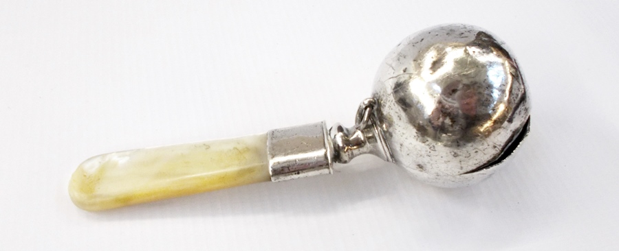 George V silver baby's rattle with mother-of-pearl teething bar,