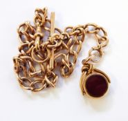 15ct gold curb-link watch chain, gold T-bar and 18ct gold, cornelian and bloodstone swivel fob, 60.