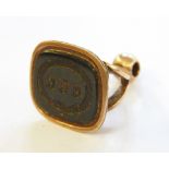 19th century gold-coloured metal and bloodstone seal with double scroll heart surmount