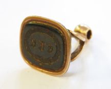 19th century gold-coloured metal and bloodstone seal with double scroll heart surmount