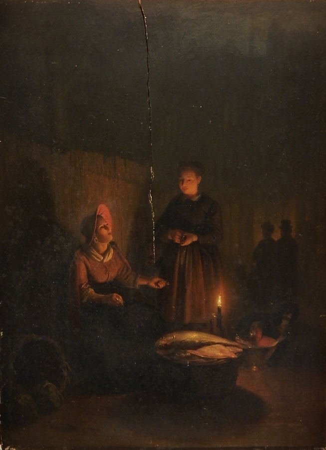 Petrus van Schendel (1806-1870)
Oil on panel
Candlelit street scene with woman selling fish from a
