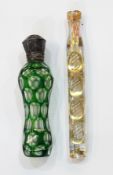 Silver-mounted green flashed and cut glass scent bottle, waisted and ovolo cut,