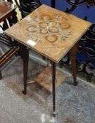 Art Nouveau stained wood occasional table, square with floral foliate carving, with undershelf,