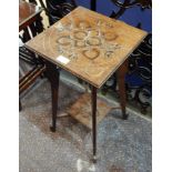 Art Nouveau stained wood occasional table, square with floral foliate carving, with undershelf,