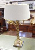 Brass pillar table lamp with four scroll branches and spirally twisted column,