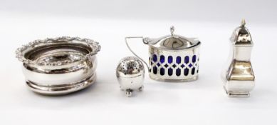 Victorian silver egg-shaped pepperette, Sheffield 1895, another pepperette of square baluster form,