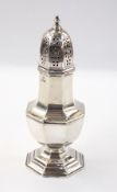 Early 20th century silver sugar caster of octagonal baluster pedestal form,