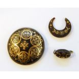 19th century gold and tortoiseshell pique brooch, circular with roundel decoration,