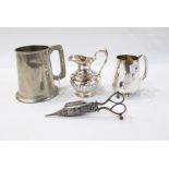 Christening mug with ball feet, engraved "Edwin Charles", cream jug with beaded border to rim,