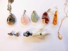 Quantity of polished stone pendants, rabbit's foot brooch, 9ct gold chain with cameo pendant, etc.