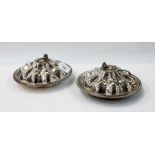 Pair of serving dishes with floral engraved top, lobed top and bottom,