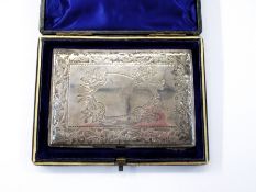 Victorian silver card case with engraved foliate decoration and scrollwork borders,