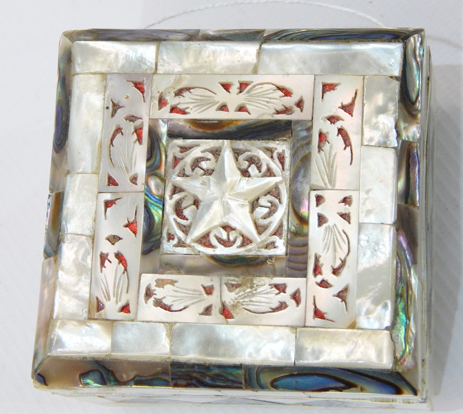 Mother-of-pearl trinket box, square with hinged lid, having openwork star and foliate design,