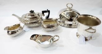 EPNS Victorian teapot with reeded decoration, matching sugar bowl, cow creamer,