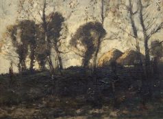 William Alfred Gibson (1866-1931) 
Oil on panel 
Woodland landscape with haystacks, signed,