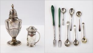 Two silver pepperpots, two green-handled pickle forks and six salt spoons,