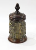 Antique turned oak and bronze tobacco jar, cylindrical,