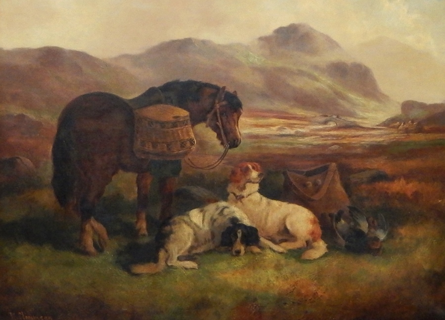 Robert Cleminson (1865-1868) 
Oil on canvas
Highland scene with horse, hunting dogs and game,