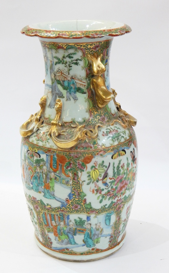 Canton porcelain vase with scalloped everted rim, baluster shaped,