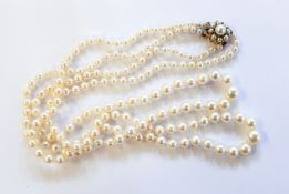 Double string of graduated pearls with 9ct gold and seedpearl clasp
