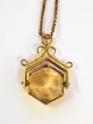 9ct gold citrine/smoky quartz hexagonal pendant with scroll suspension,