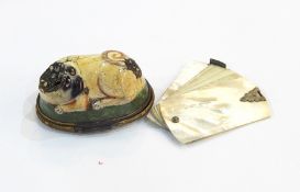 Silver and mother-of-pearl folding notebook and enamel snuffbox in the form of a pug dog, the base