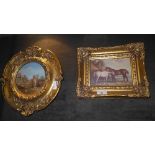 Two gilded frame wall plaques ''Castle and horses''