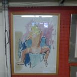 A mixed media portrait of seated nude female monogrammed C.V