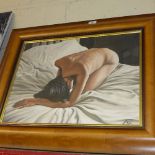 An oil on canvas naked female on bed by Lee Jones Denise