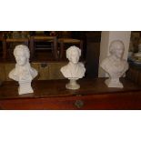 A collection of three composite marble busts including Shakespeare Mozart and Chopin