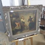 A Dutch style oil on canvas interior scenes in original damaged gesso frame