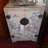 A pair of Chinese lacquered side cabinets fitted pair of panel doors and decorated with social
