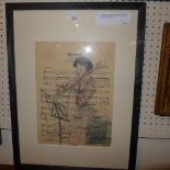 A framed item of sheet music 'Mennet - Kletzinsky' with a mixed media painting of a frame