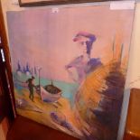 An unframed oil on canvas surrealist scene signed Carnibuci and dated `87