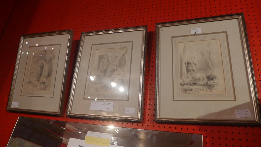 A set of three French C19th pencil drawings by Jules Marie Desandre glazed and framed