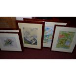 A set of six glazed and framed watercolours of various subjects monogrammed