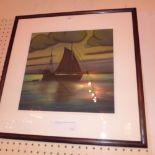 A glazed and framed pastel study of a ship at dusk by Brain Baldwin