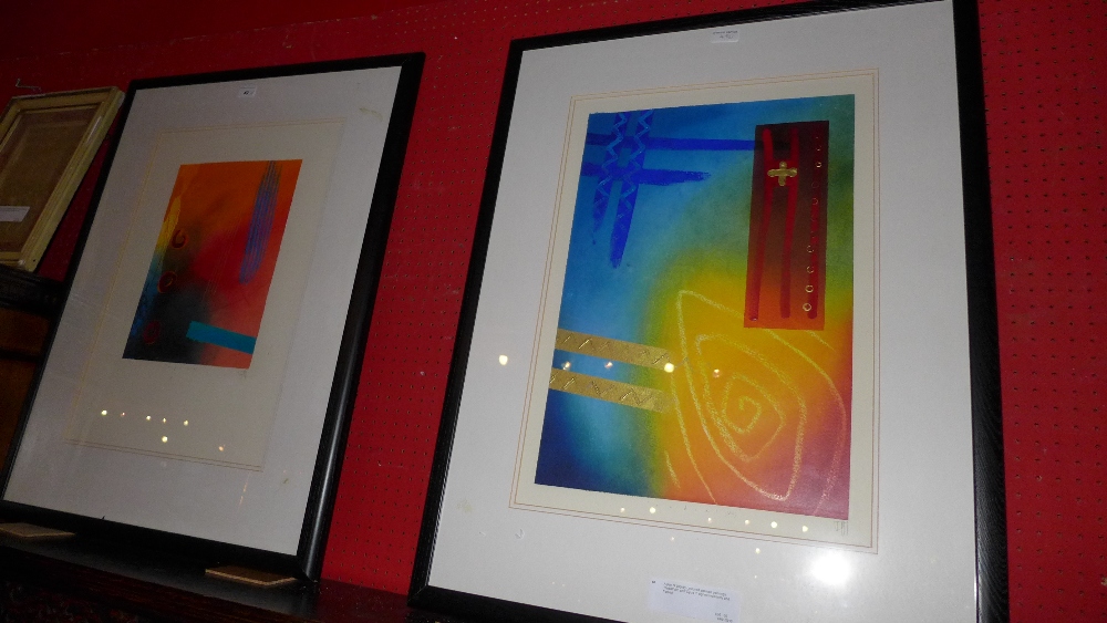 A pair of brightly coloured abstract paintings 'Radial VIII' and 'Opus II' signed indistincly and