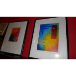A pair of brightly coloured abstract paintings 'Radial VIII' and 'Opus II' signed indistincly and