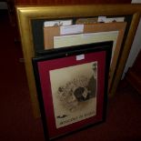 A gilt framed print of champagne labels together with three French prints of wine