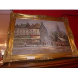 An oil on canvas Parisian street signed in lower right in gilt frame