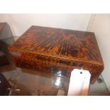 A late C19th rectangular form tortoiseshell work box with fitted interior with bone and ebony inlay