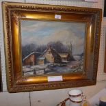 An oil on canvas of a farmhouse signed R.A White in a gilt frame